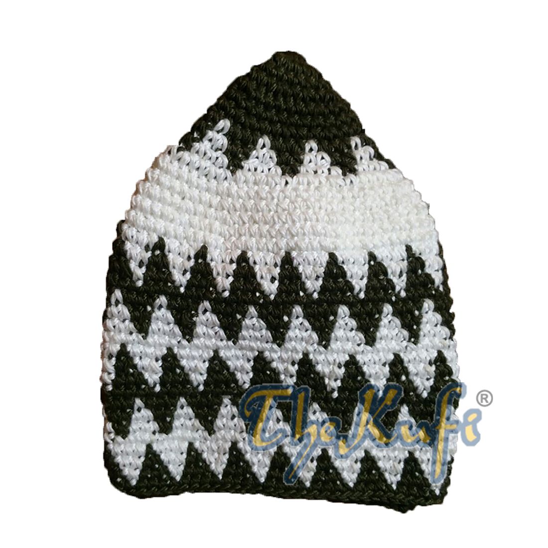 Hand-crocheted Cotton Sturdy Dark Olive Green & White Zigzag Kufi Hat