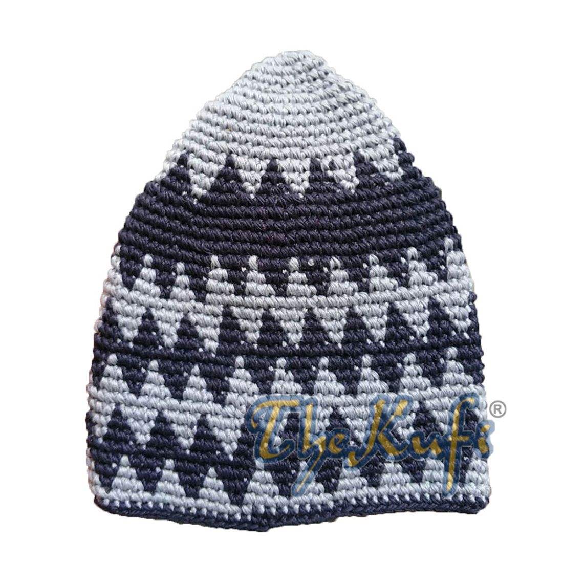 Hand-crocheted Cotton Sturdy Dark Gray & Dark Blue Zigzag Kufi Hat