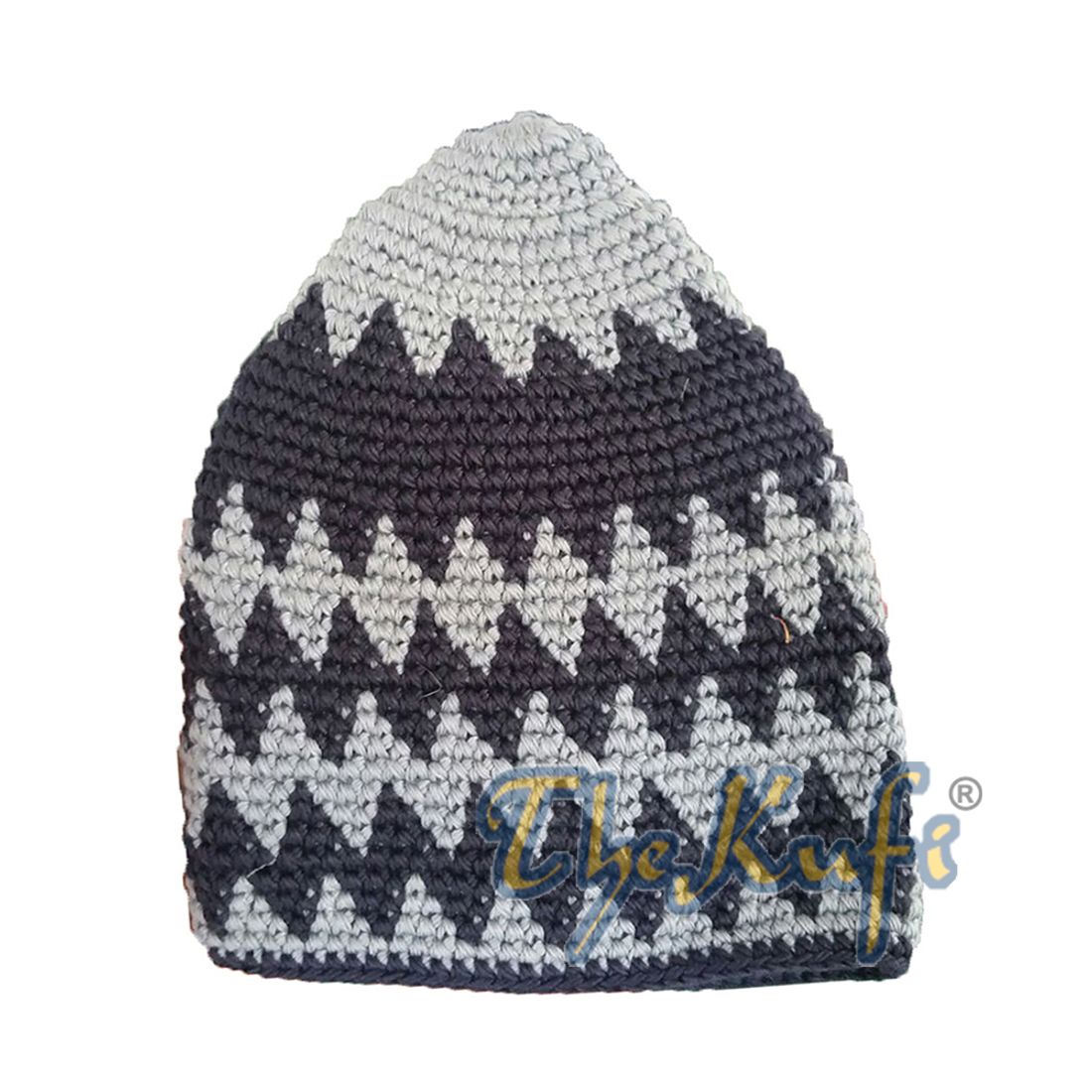 Hand-crocheted Cotton Sturdy Dark Gray & Indigo Zigzag Kufi Hat