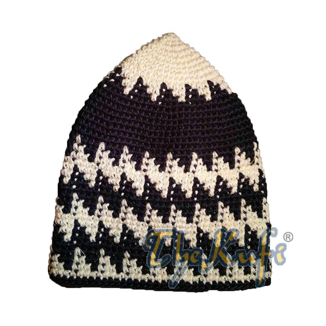 Hand-crocheted Cotton Sturdy Faded Cream & Dark Blue Hounds-tooth Zigzag Kufi Hat