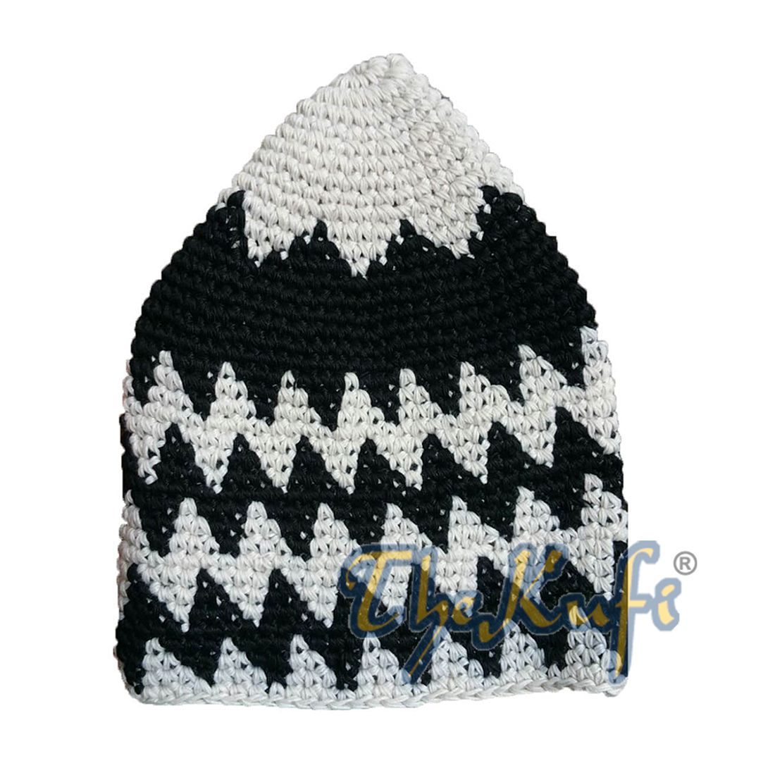 Hand-crocheted Cotton Sturdy Off-White & Black Zigzag Kufi Hat