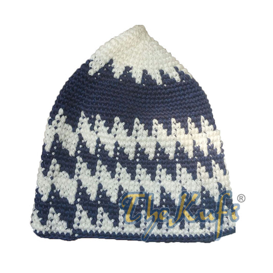 Kapas Kaitan Tangan Kukuh Putih Putih &amp; Kobalt Campuran Topi Kufi Zigzag Gigi Anjing Anjing