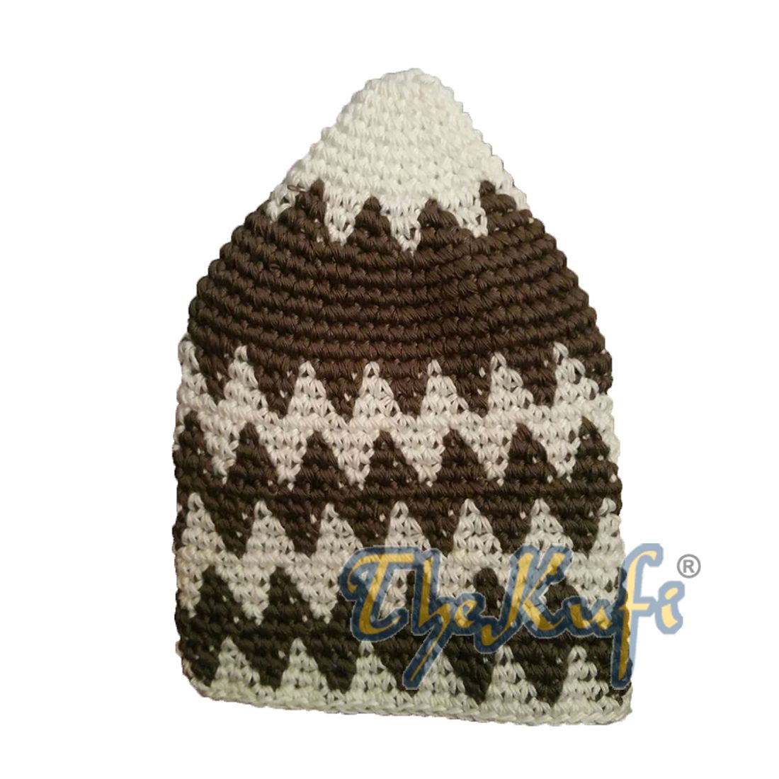 Hand-crocheted Cotton Sturdy Off-White & Dark Khaki Zigzag Kufi Hat