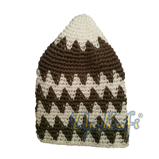 Hand-Crocheted Cotton Sturdy Off-White & Dark Khaki Zigzag Kufi Hat