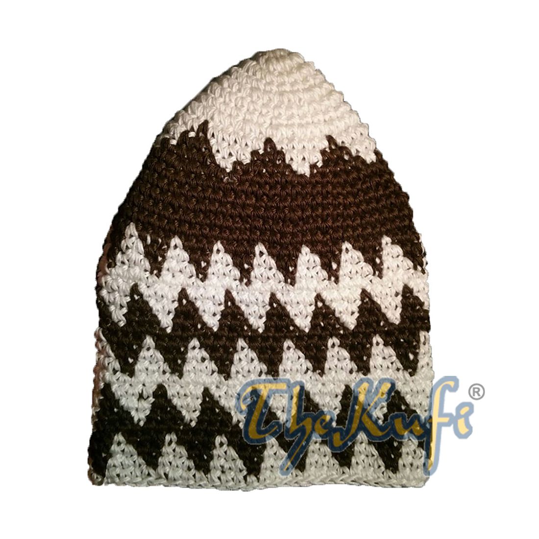 Hand-crocheted Cotton Sturdy Off-White & Dark Brown Zigzag Kufi Hat