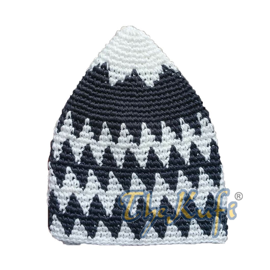 Hand-crocheted Cotton Sturdy Off-White & Dark Gray Zigzag Kufi Hat