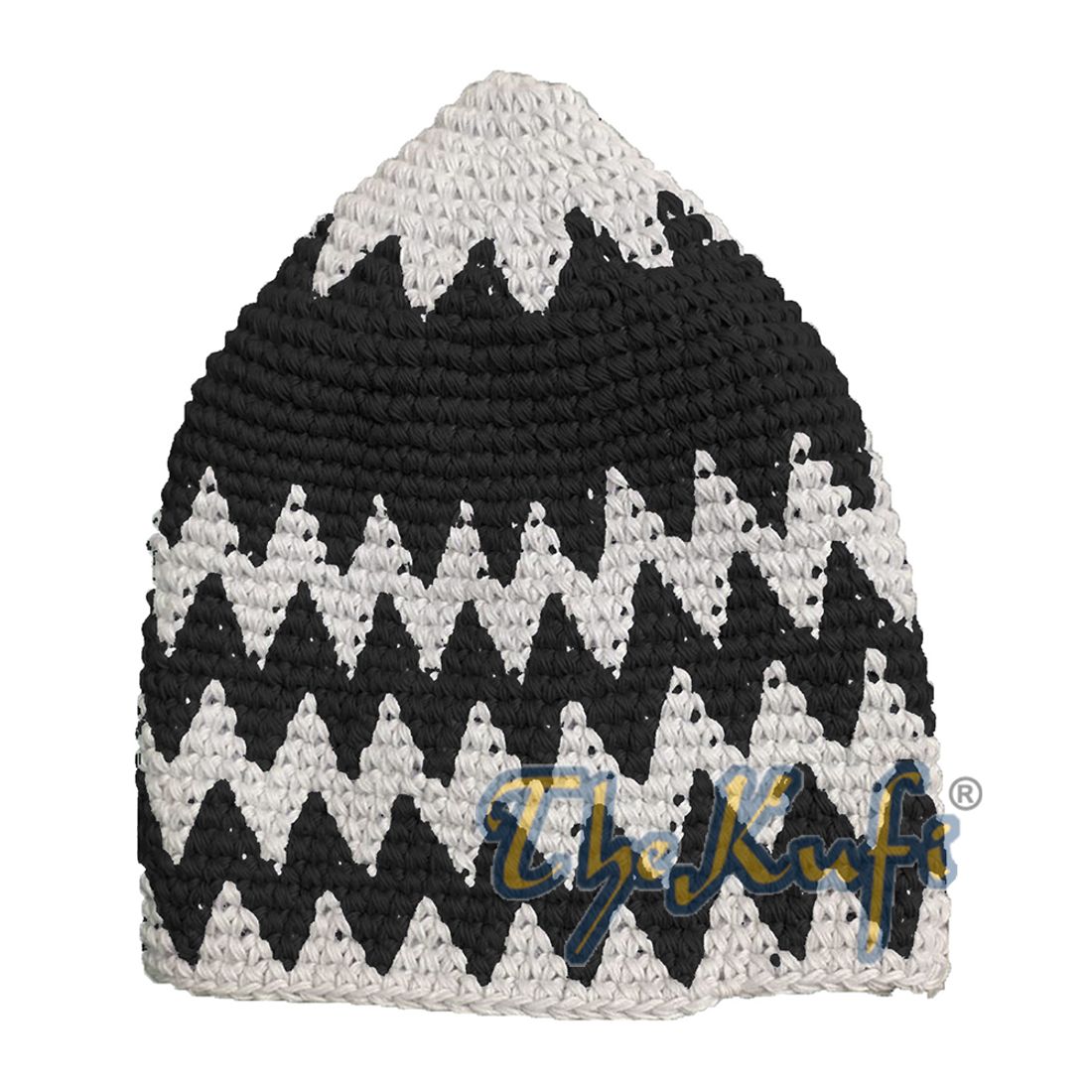 Hand-crocheted Cotton Sturdy Off-White & Black Mix Zigzag Kufi Hat