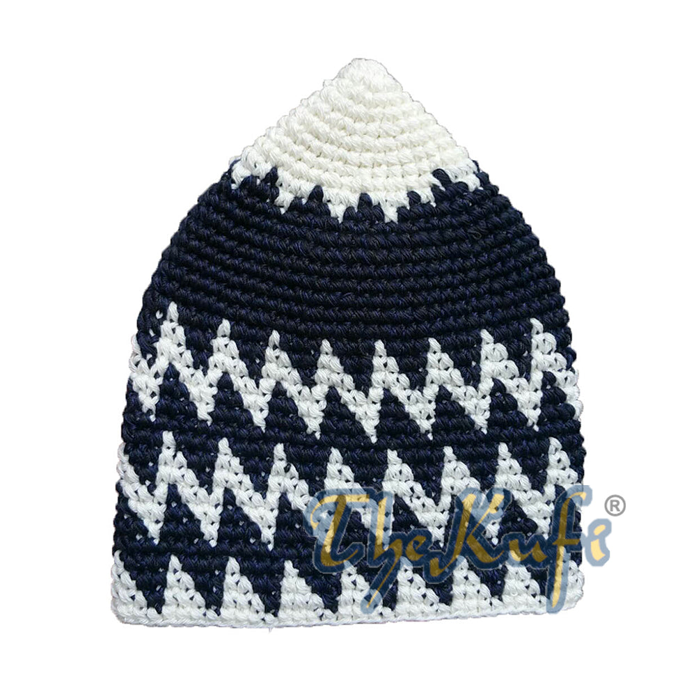Topi Kufi Zigzag Kapas Kaitan Tangan Kukuh Off-White &amp; Indigo