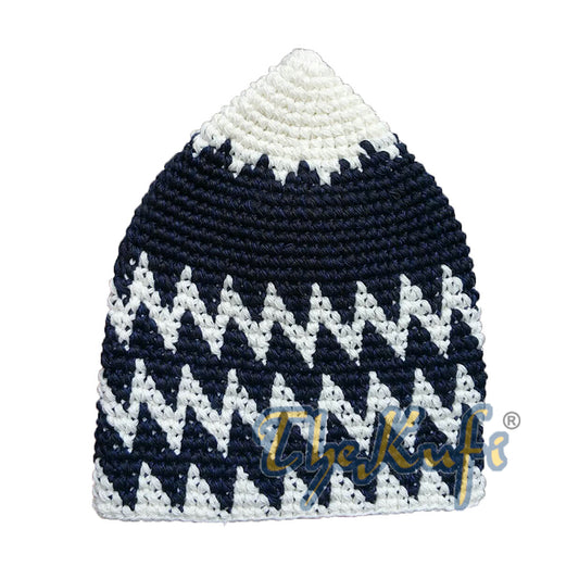 Topi Kufi Zigzag Kapas Kaitan Tangan Kukuh Off-White &amp; Indigo