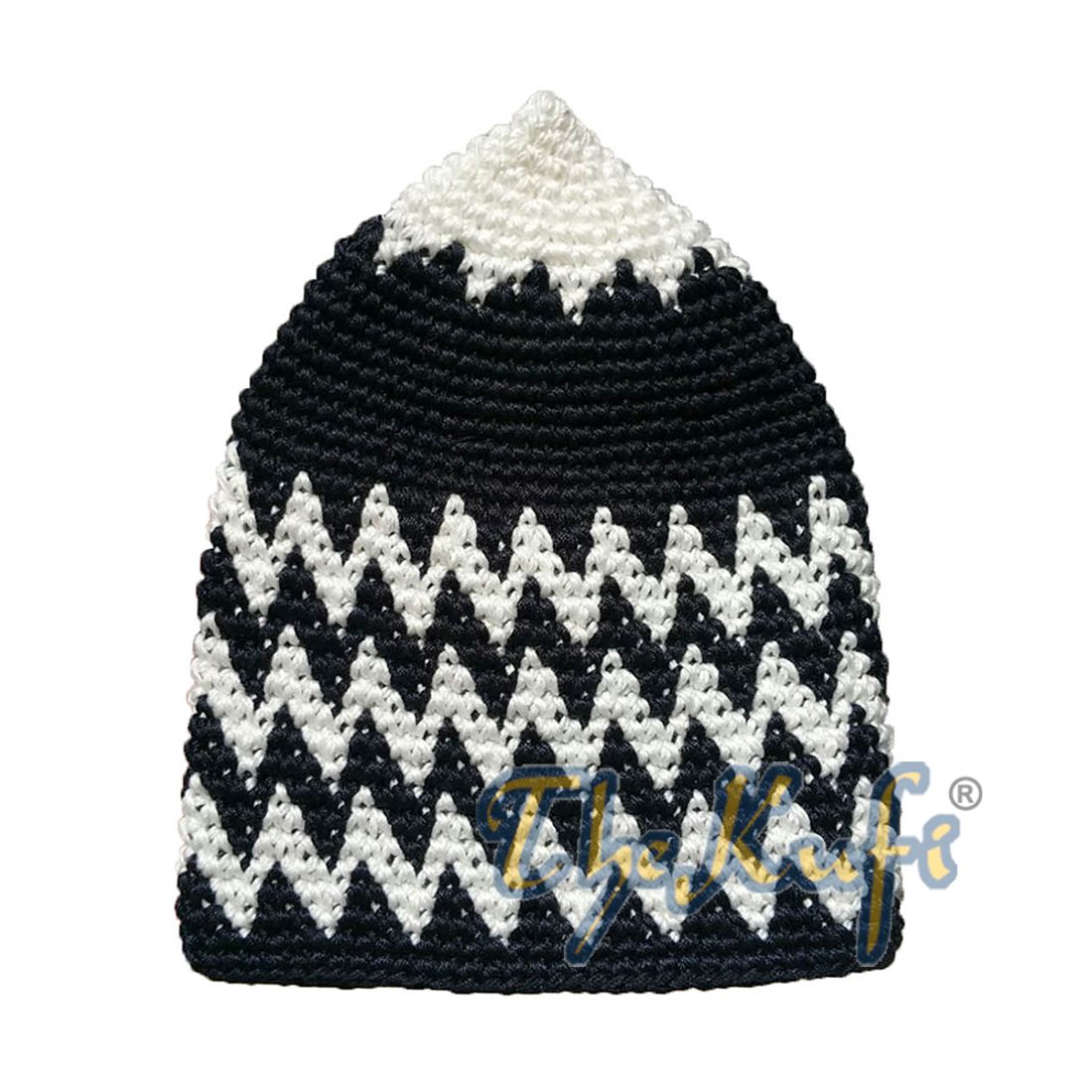 Hand-crocheted Cotton Sturdy Off-White & White Black Mix Zigzag Kufi Hat