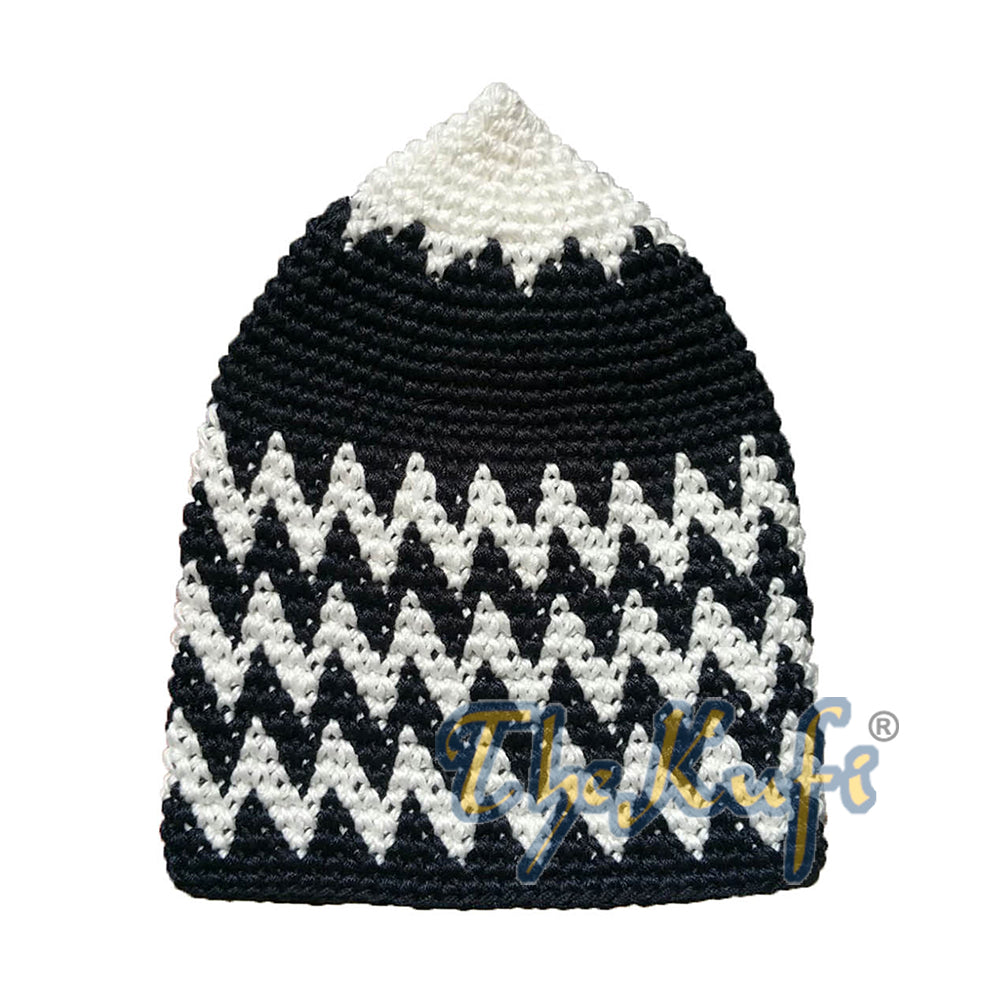 Topi Kufi Zigzag Campuran Hitam Putih &amp; Putih Kokoh Katun Rajutan Tangan