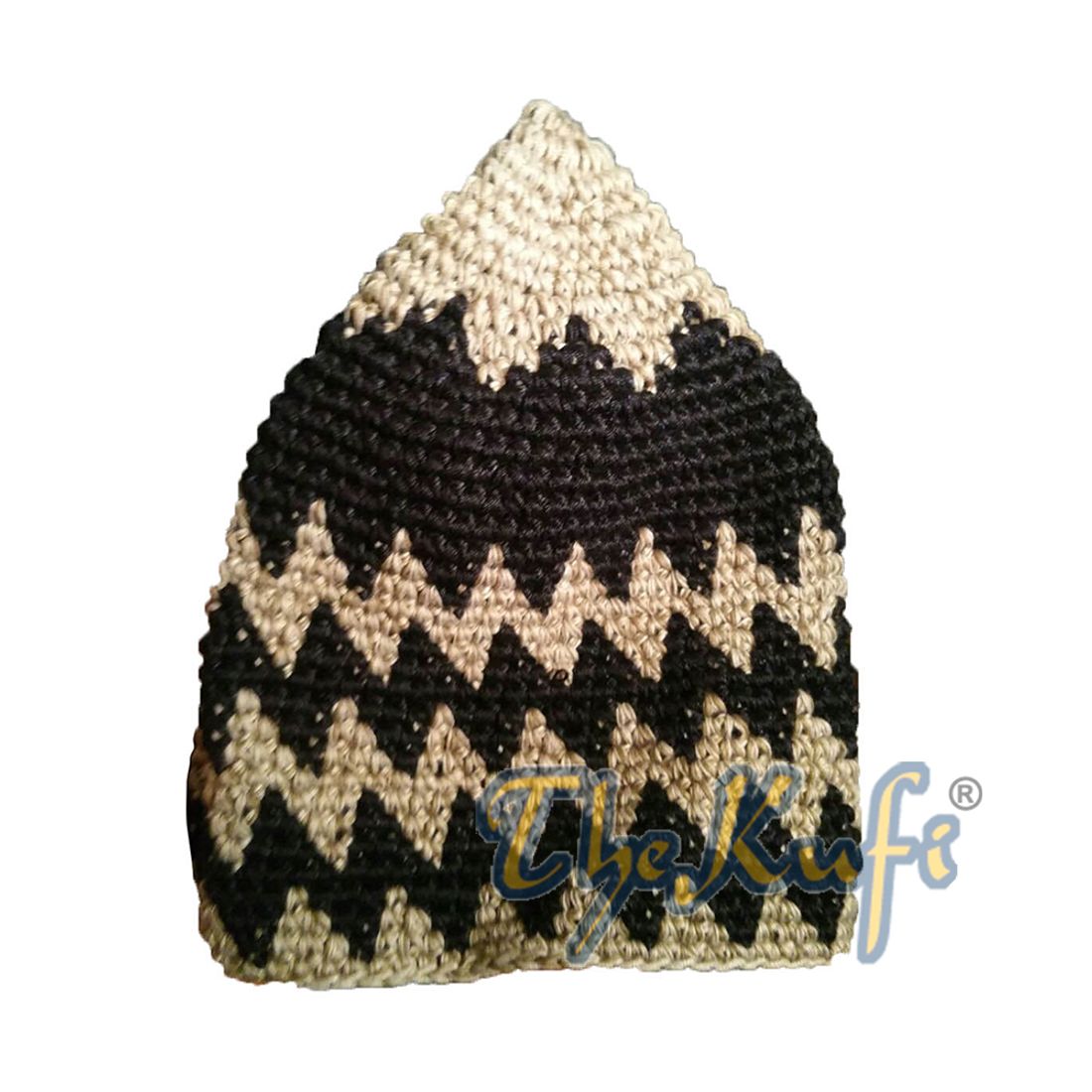 Hand-crocheted Cotton Sturdy Faded Khaki & Black Zigzag Kufi Hat