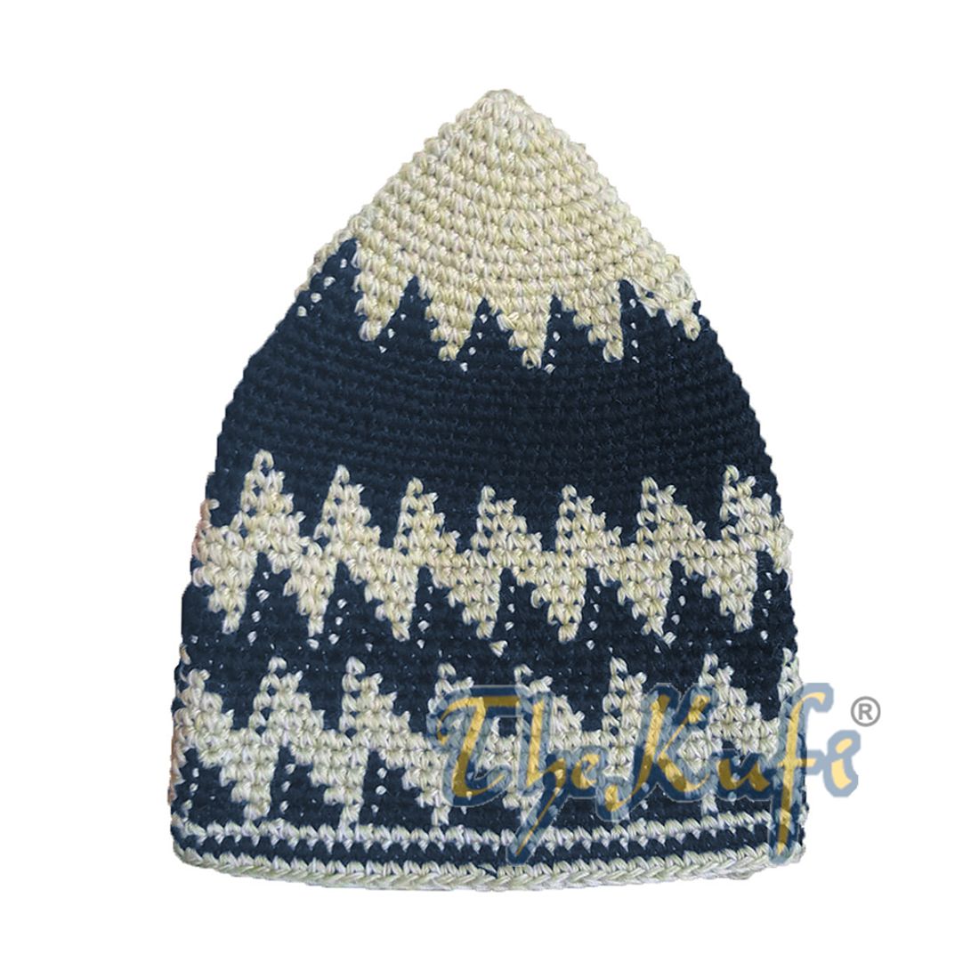 Hand-crocheted Cotton Sturdy Faded Khaki & Blue Zigzag Kufi Hat