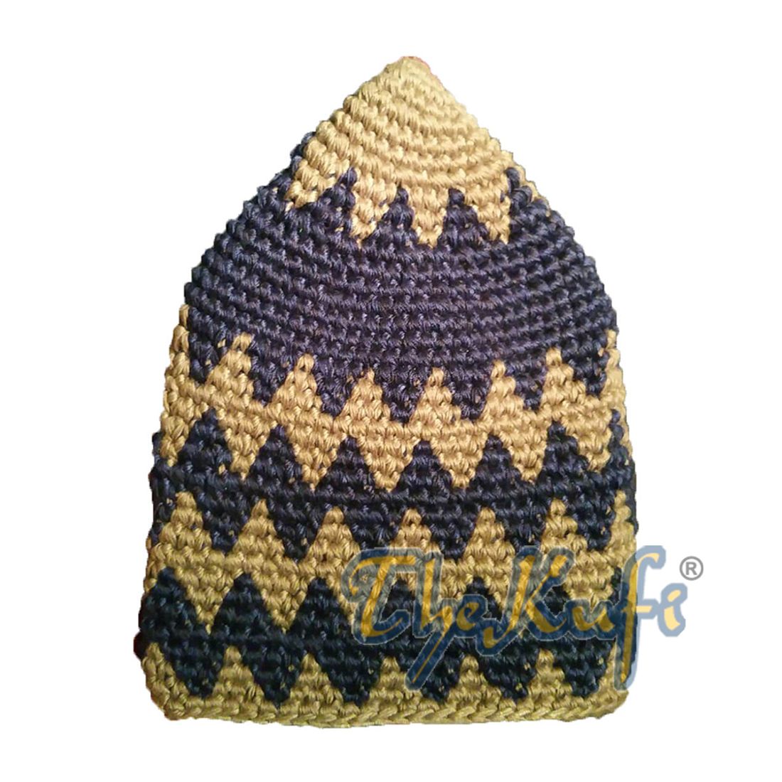 Hand-crocheted Cotton Sturdy Faded Khaki & Dark Blue Zigzag Kufi Hat