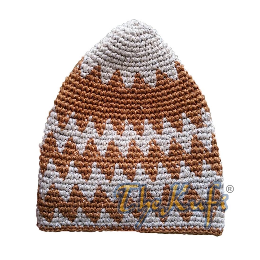 Hand-crocheted Cotton Sturdy Faded Khaki & Faded Rust Brown Zigzag Kufi Hat