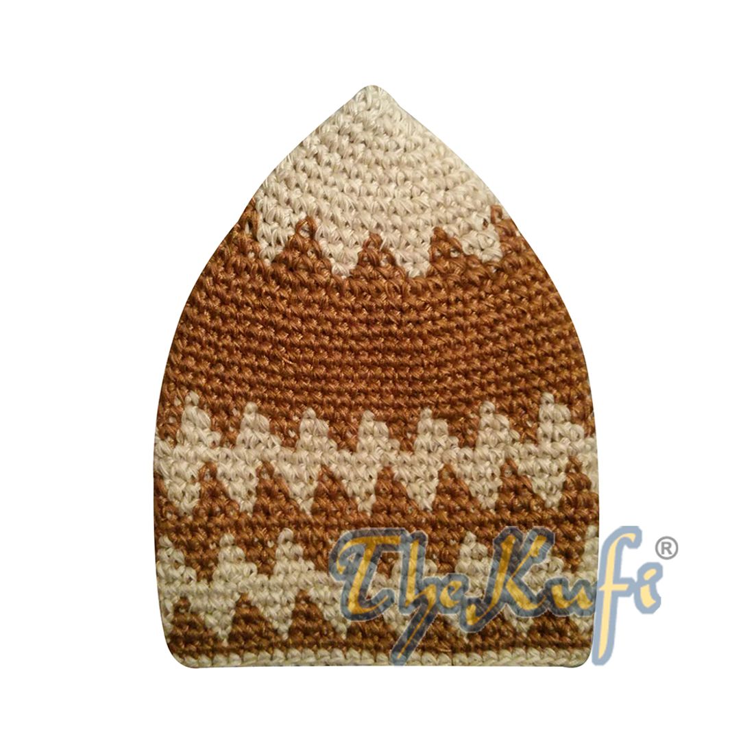 Topi Kufi Khaki Pudar Kokoh dari Katun Rajutan Tangan &amp; Topi Kufi Zigzag Coklat Karat