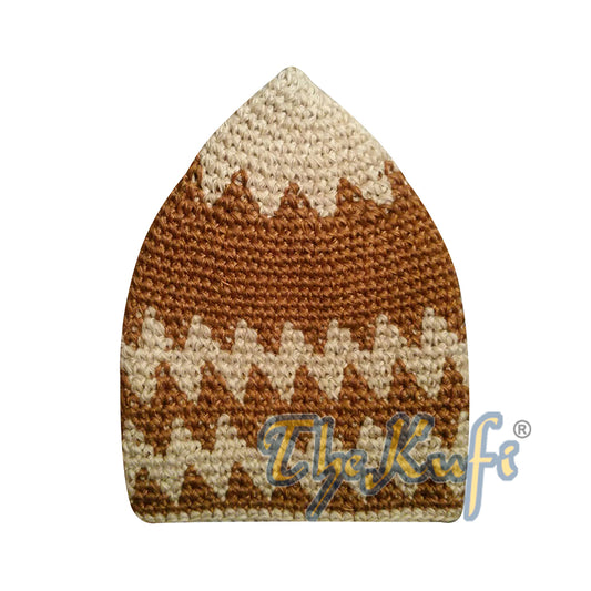 Hand-Crocheted Cotton Sturdy Faded Khaki & Rust Brown Zigzag Kufi Hat