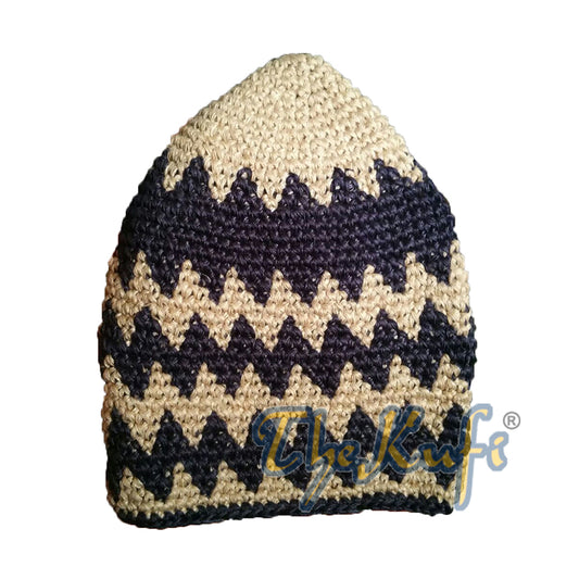 Hand-Crocheted Cotton Sturdy Faded Khaki & Dark Blue Mix Zigzag Kufi Hat