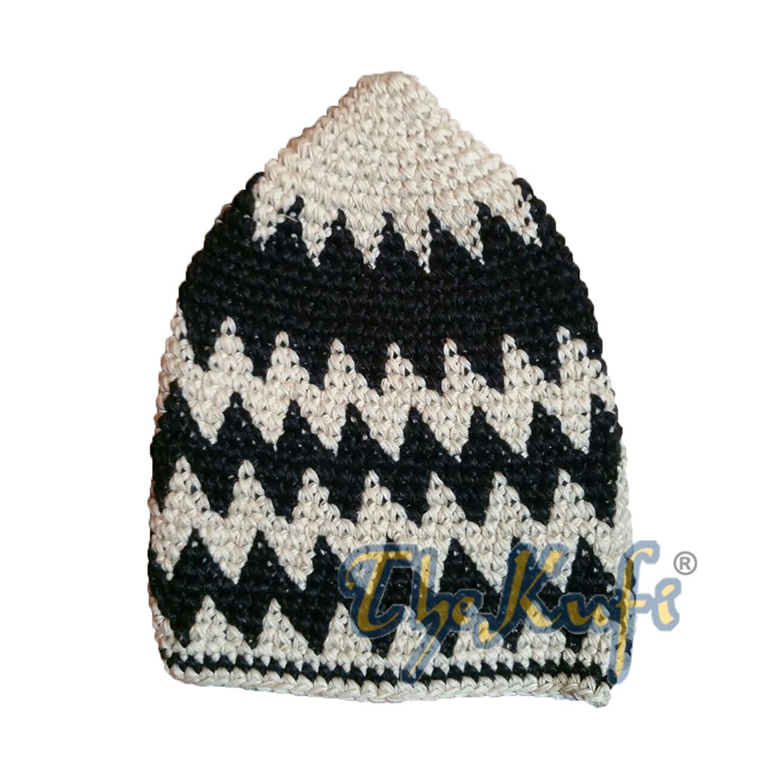Hand-crocheted Cotton Sturdy Faded Latte & Black Zigzag Kufi Hat