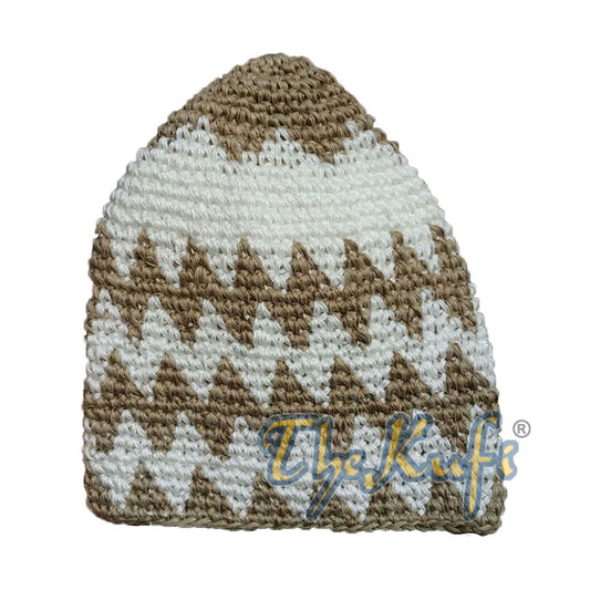 Hand-crocheted Cotton Sturdy Faded Brown & Off-White Zigzag Kufi Hat