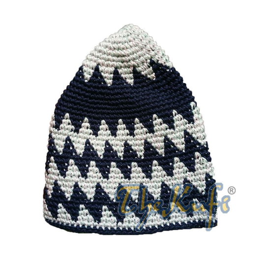 Hand-crocheted Cotton Sturdy Faded Pastel & Dark Blue Mix Zigzag Kufi Hat