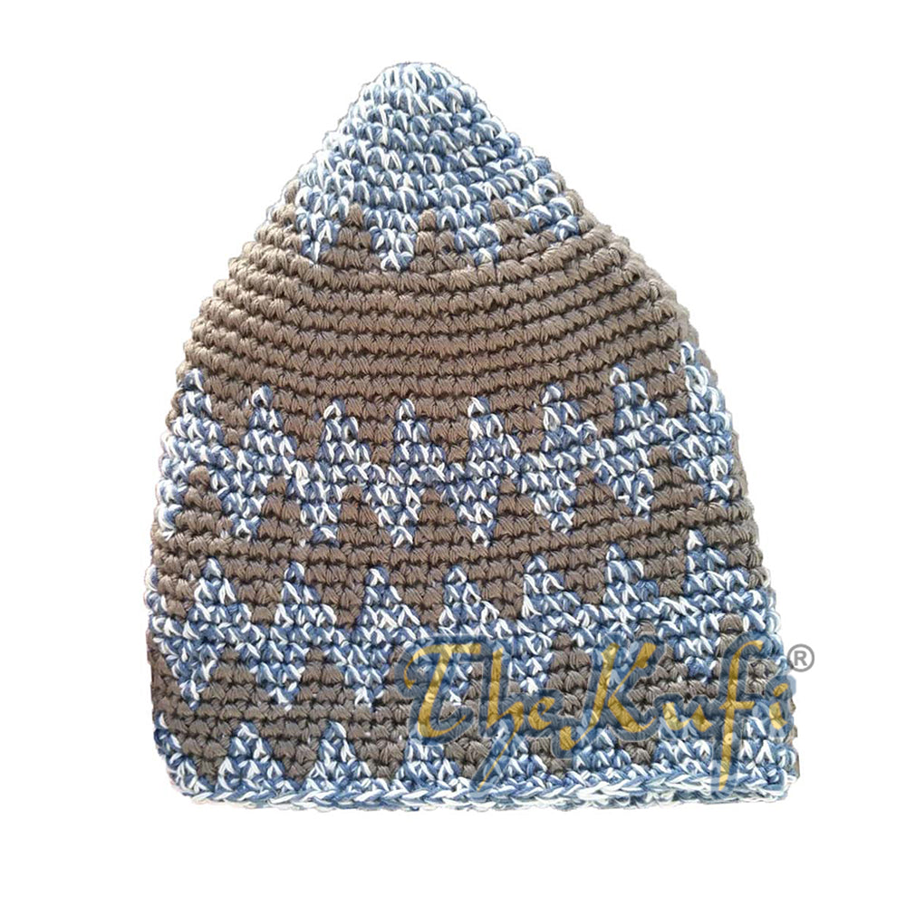 Topi Kufi Zigzag Biru Tua Pudar Kokoh Katun Rajutan Tangan