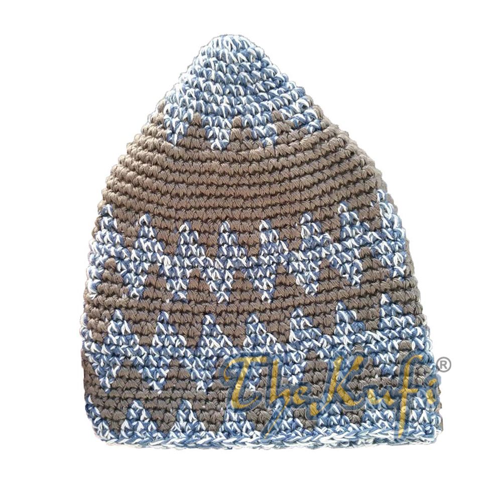 Hand-Crocheted Cotton Sturdy Faded Dark Blue & Dark Brown Zigzag Kufi Hat