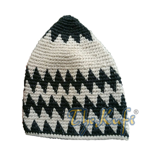 Hand-Crocheted Cotton Sturdy Green Indigo & Khaki Zigzag Kufi Hat