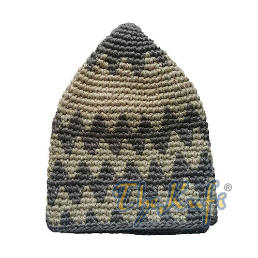 Hand-Crocheted Cotton Sturdy Green Khaki & Khaki Zigzag Kufi Hat