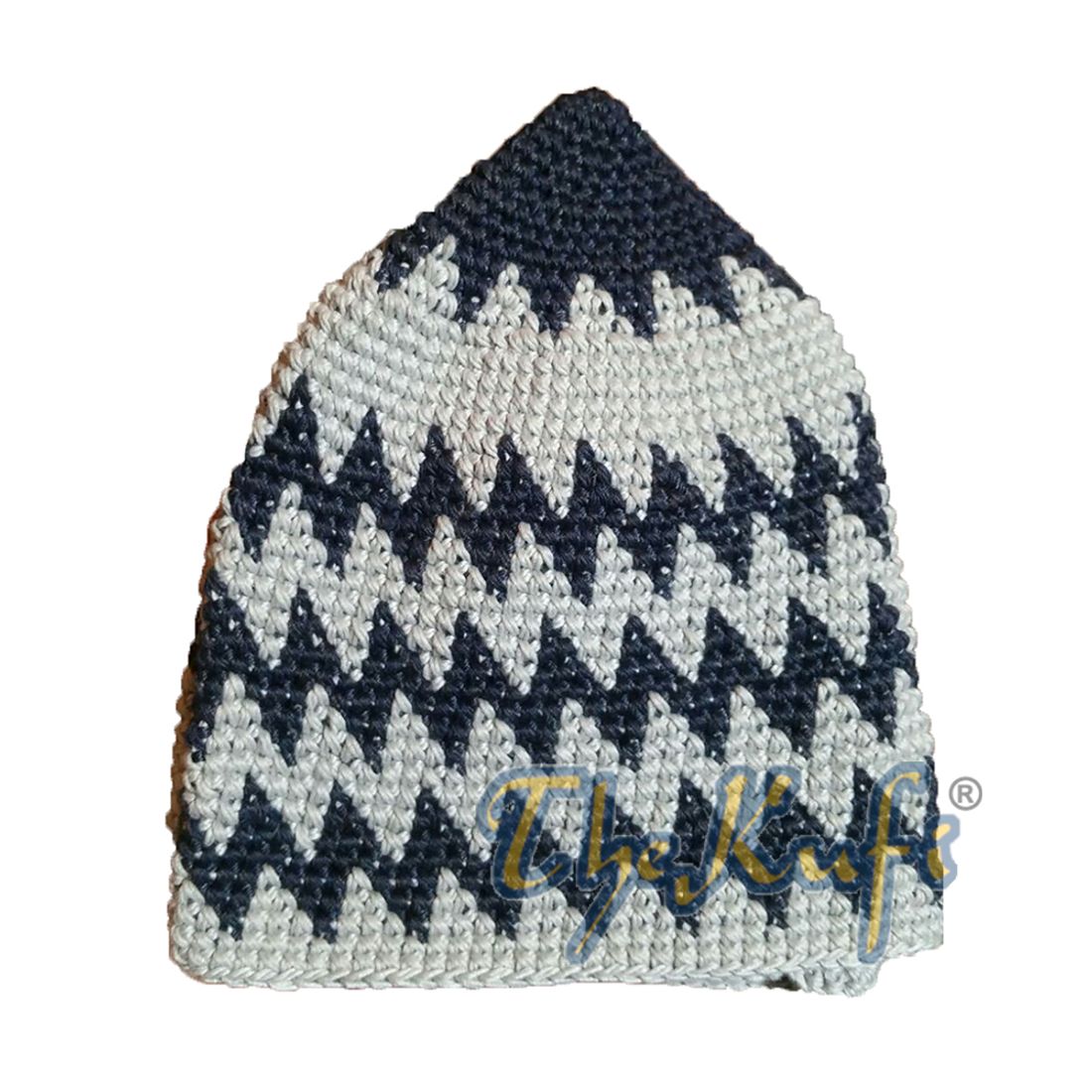 Kids Hand Crocheted Cotton Indigo & Cream Zigzag Kufi Hat
