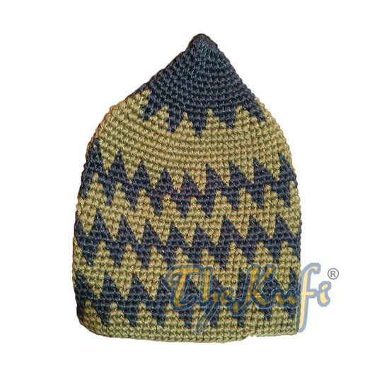 Kids Hand Crocheted Cotton Indigo Gray & Faded Army Green Zigzag Kufi Hat