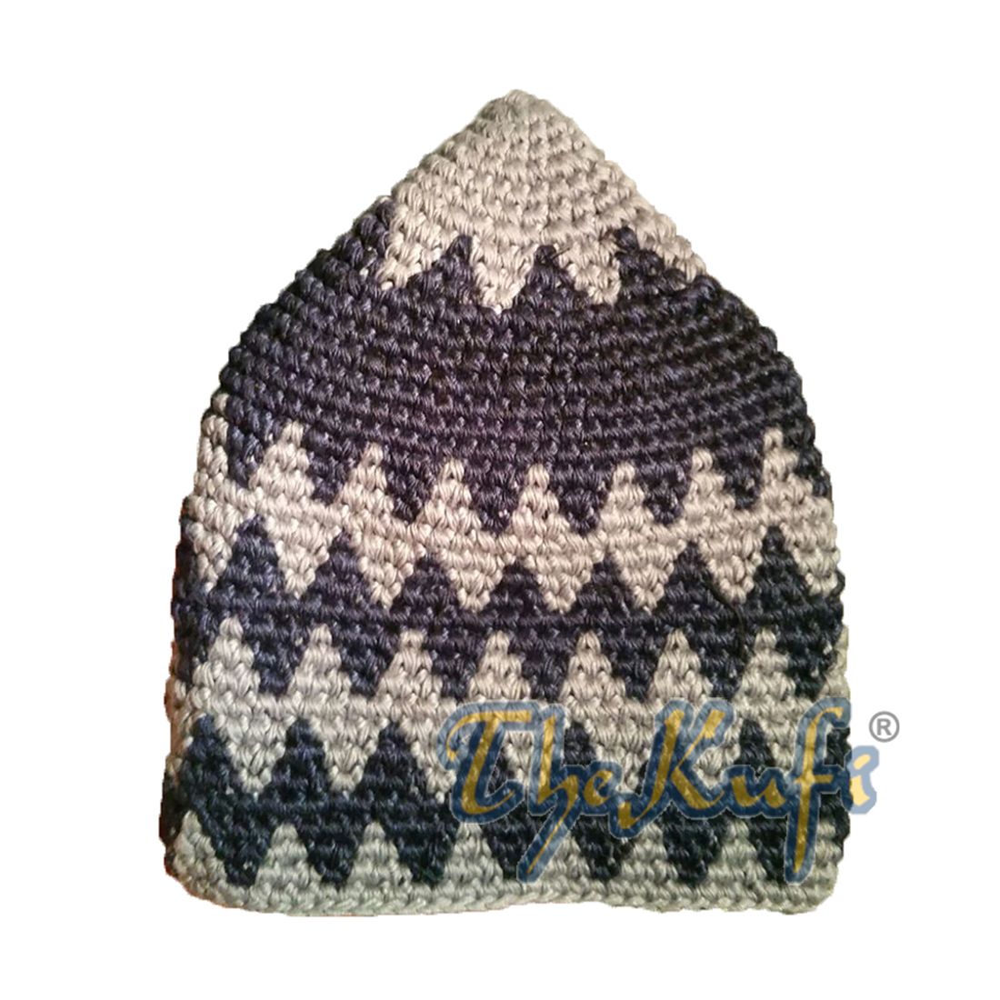 Hand-crocheted Cotton Sturdy Gray & Dark Blue Zigzag Kufi Hat