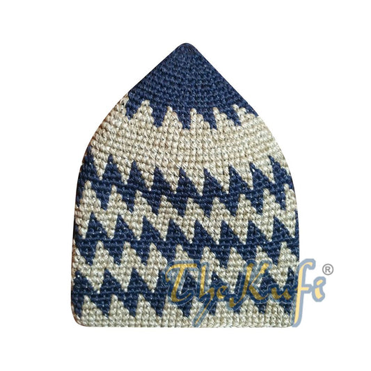 Kids Hand Crocheted Cotton Indigo Gray & Faded Khaki Zigzag Kufi Hat