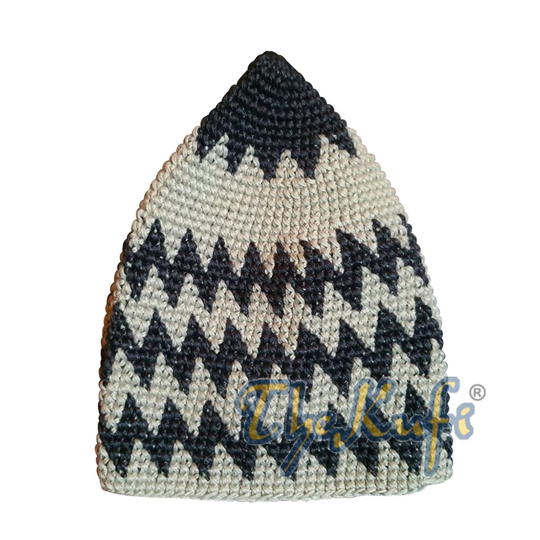 Kids Hand Crocheted Cotton Indigo Gray & Light Khaki Zigzag Kufi Hat