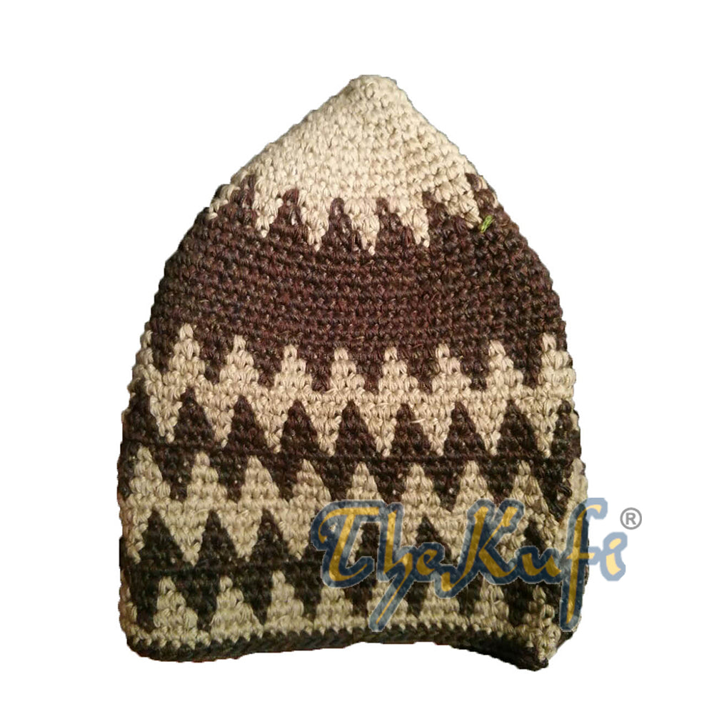 Khaki Kuat Kapas Kaitan Tangan &amp; Topi Kufi Zigzag Coklat Gelap