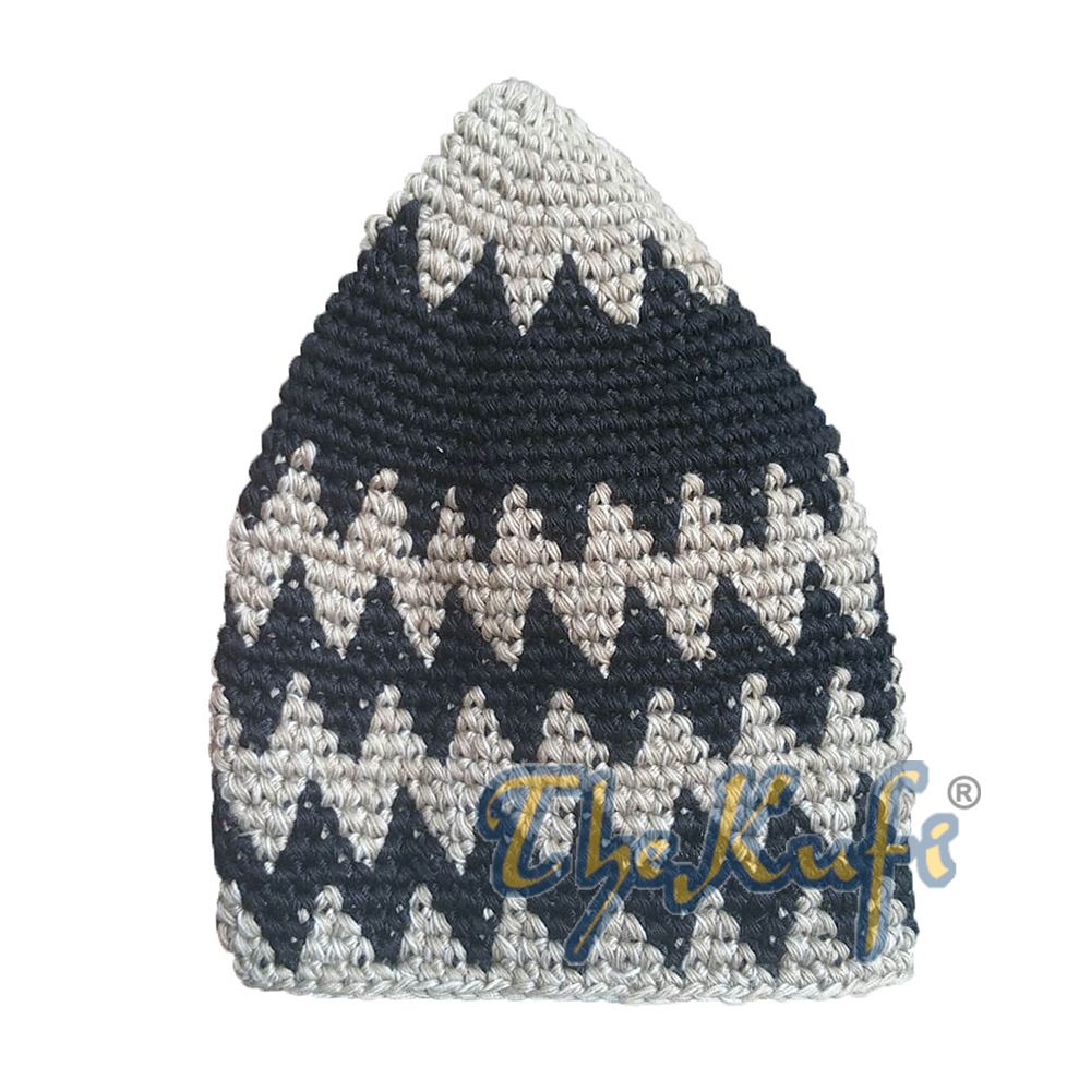 Hand-Crocheted Cotton Sturdy Khaki & Black Mix Zigzag Kufi Hat