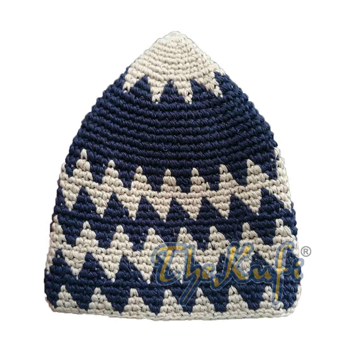 Hand-crocheted Cotton Sturdy Light Khaki & Dark Blue Zigzag Kufi Hat