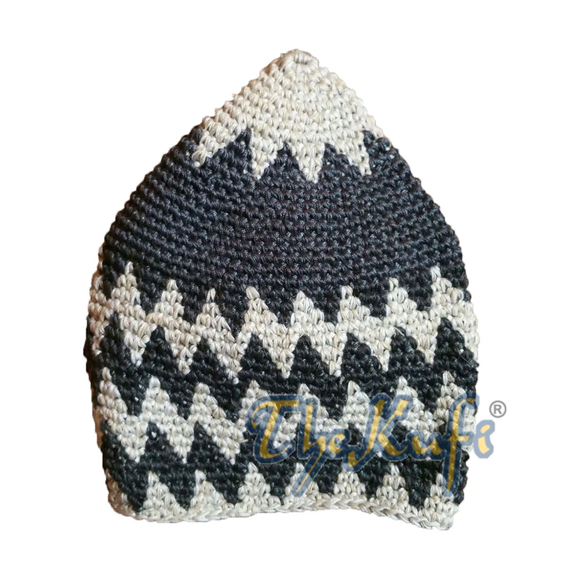 Hand-crocheted Cotton Sturdy Light Khaki & Dark Gray Zigzag Kufi Hat