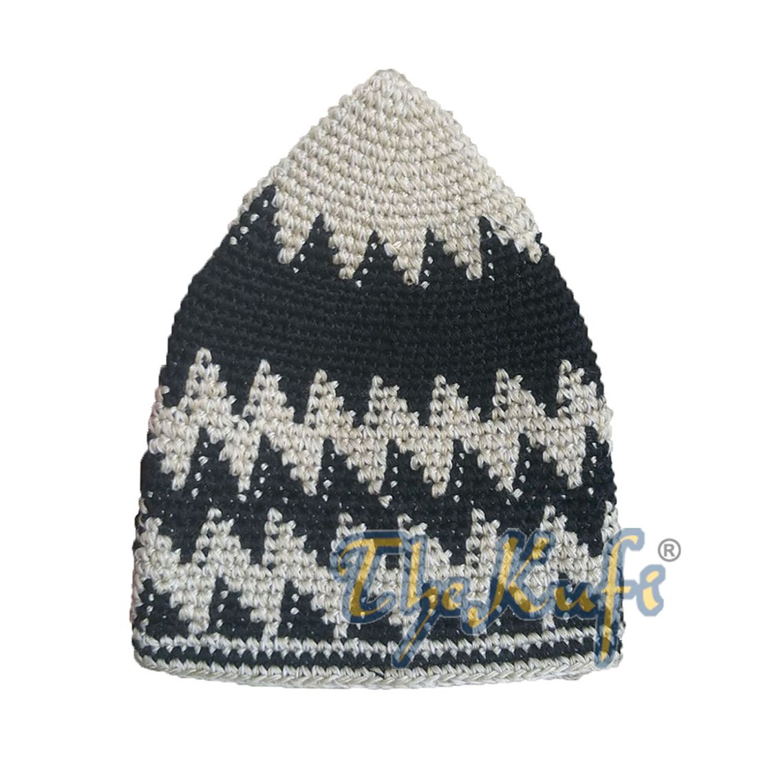 Hand-crocheted Cotton Sturdy Light Khaki & Black Mix Hounds-tooth Zigzag Kufi Hat