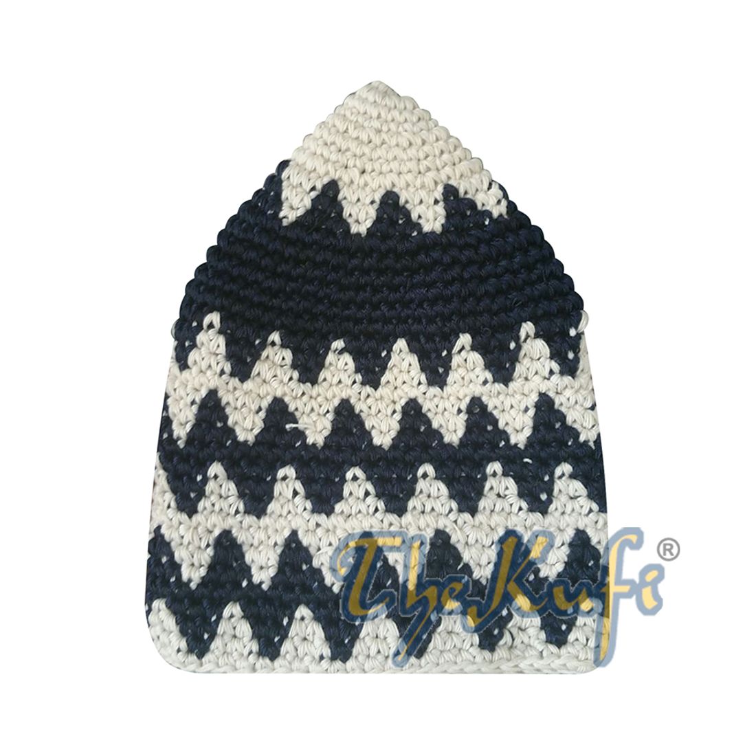 Hand-crocheted Cotton Sturdy Latte & Dark Blue Zigzag Kufi Hat