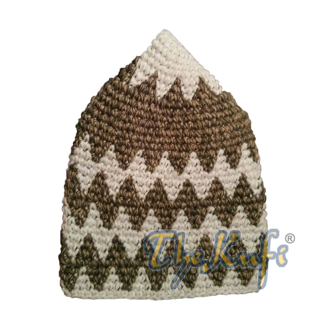 Hand-crocheted Cotton Sturdy Latte & Faded Khaki Zigzag Kufi Hat
