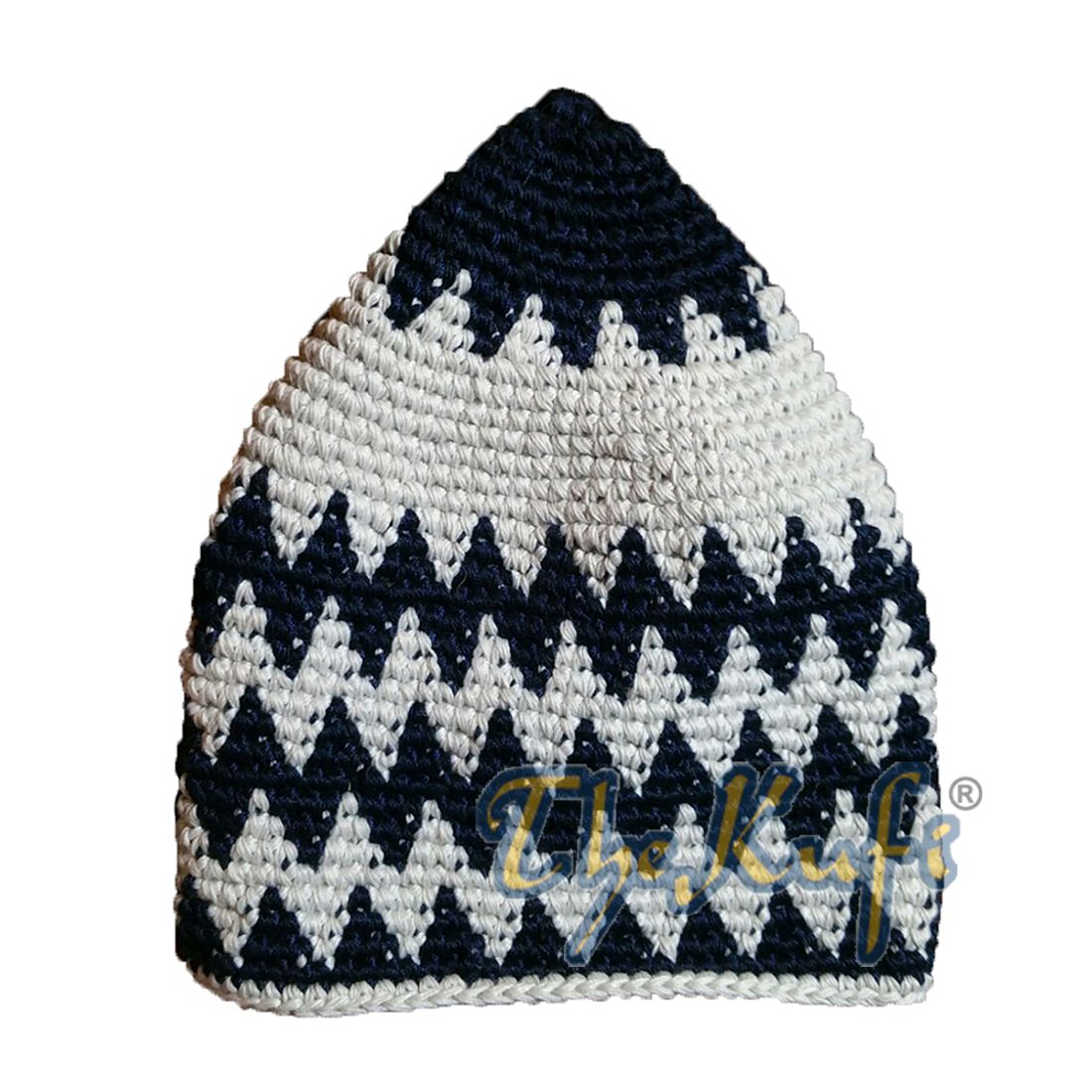 Kids Hand Crocheted Cotton Light Gray & Cream Zigzag Kufi Hat