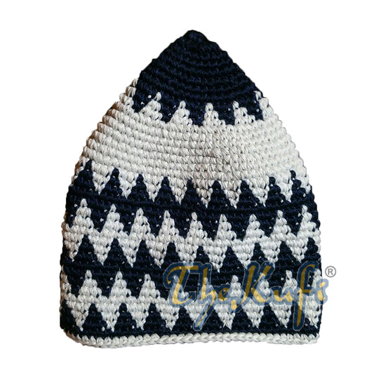 Kids Hand Crocheted Cotton Light Gray & Cream Zigzag Kufi Hat