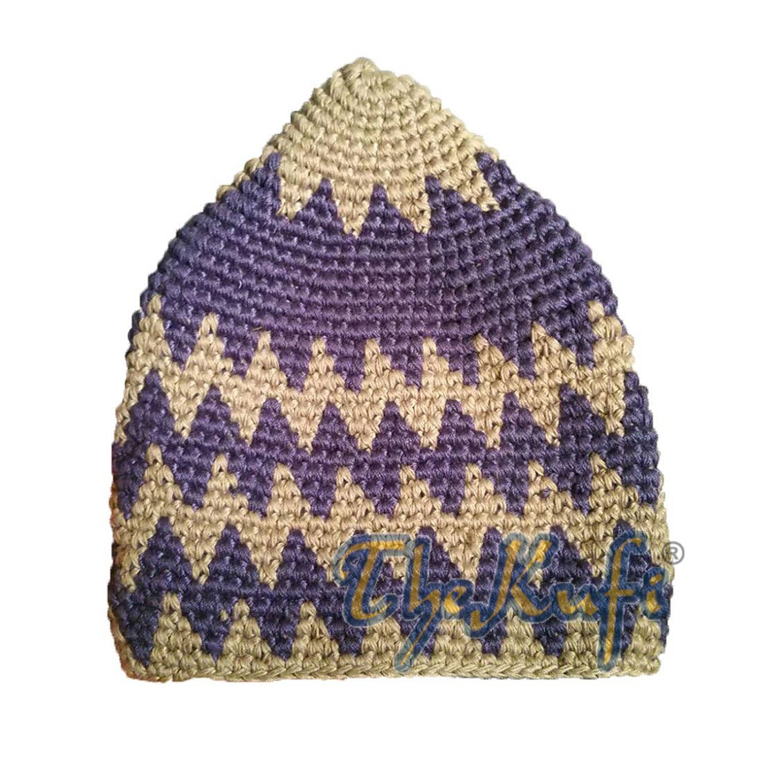 Hand-crocheted Cotton Sturdy Light Gray & Dark Blue Zigzag Kufi Hat