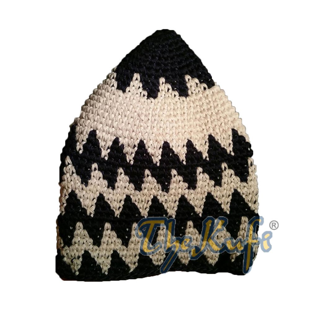 Hand-Crocheted Cotton Sturdy Indigo & Off-White Zigzag Kufi Hat