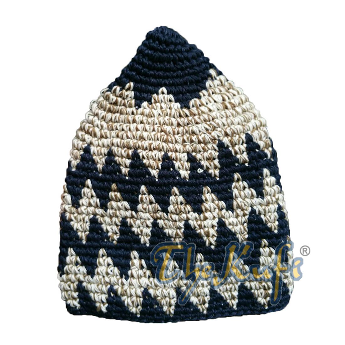 Hand-crocheted Cotton Sturdy Indigo Blue & Khaki Mix Zigzag Kufi Hat