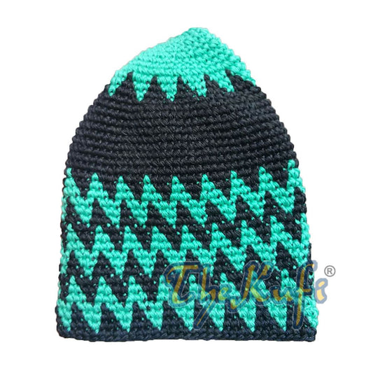 Hand-Crocheted Cotton Sturdy Turquoise & Black Zigzag Kufi Skull Cap Beanie Hat