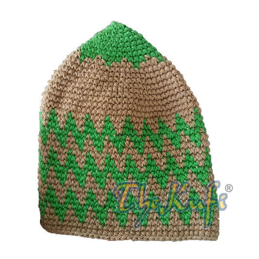 Hand-Crocheted Cotton Sturdy Pastel Green & Khaki Zigzag Kufi Hat