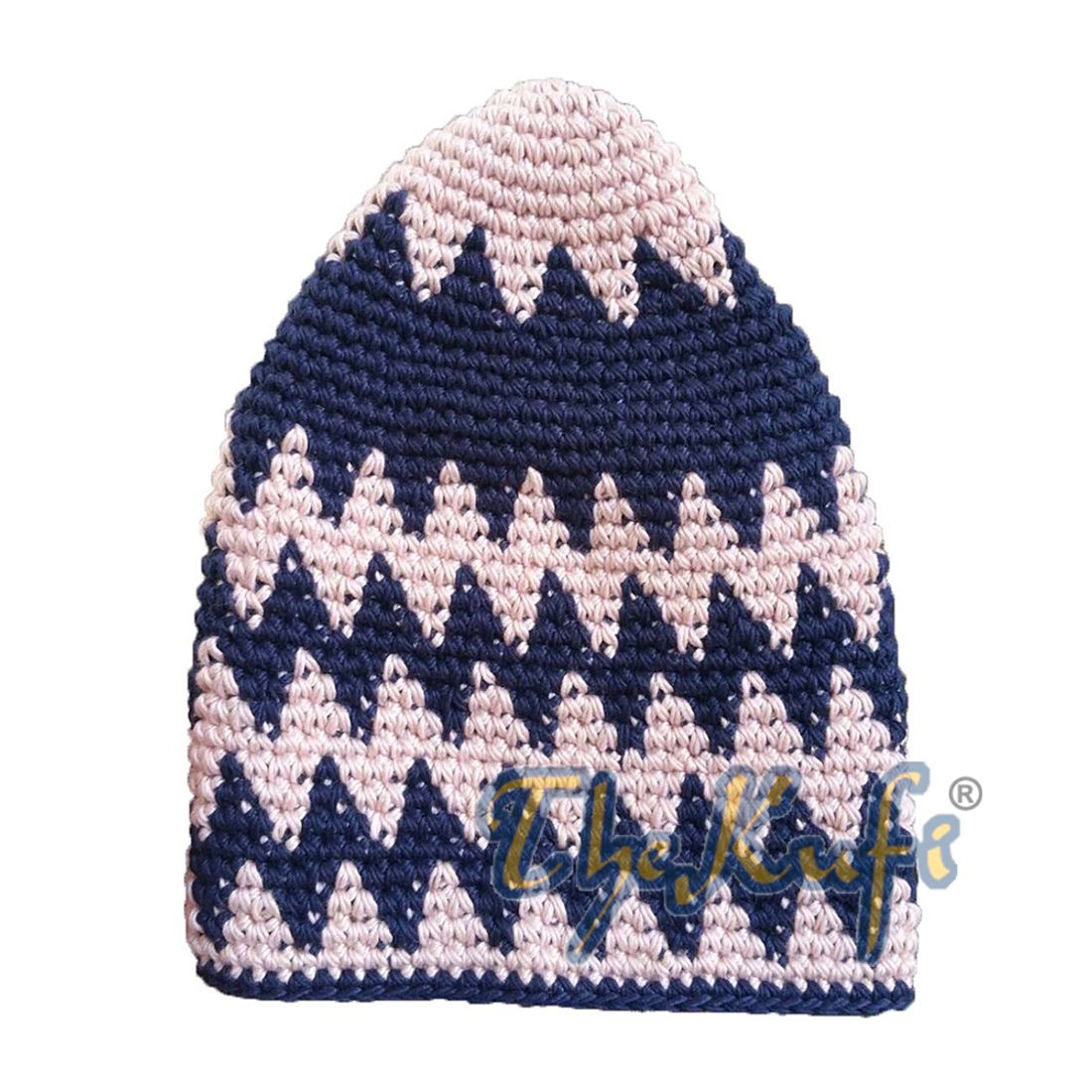 Hand-crocheted Cotton Sturdy Pale Pink & Dark Blue Zigzag Kufi Hat