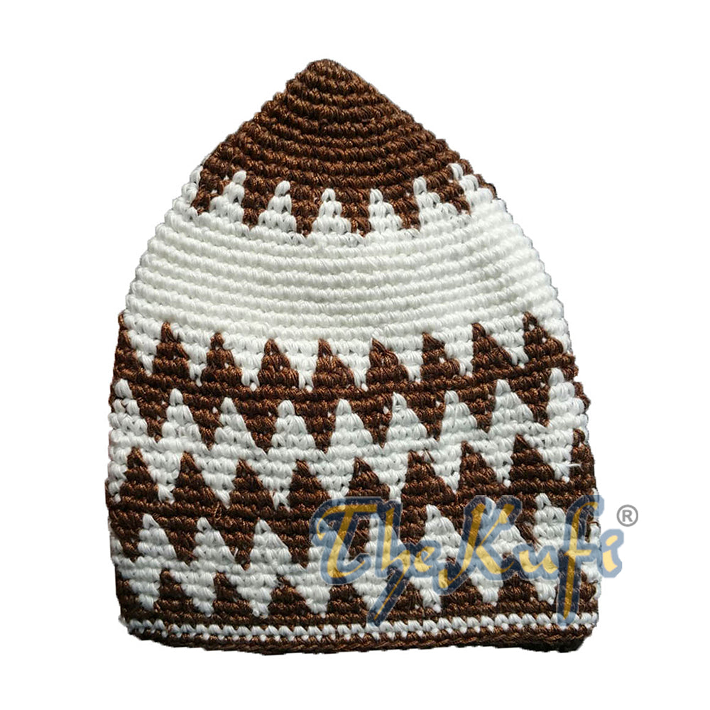Kapas Kaitan Tangan Teguh Karat Gelap Coklat &amp; Topi Kufi Zigzag Putih Putih
